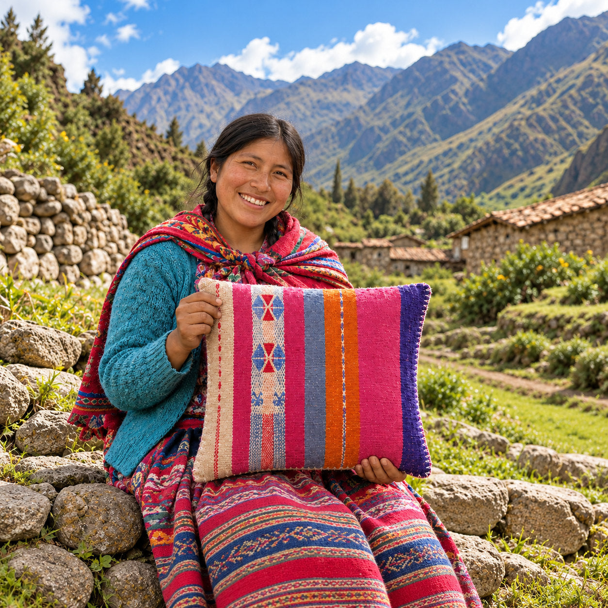 Peruvian artisan smiling and holding a colorful woven VinLoom-style pillow