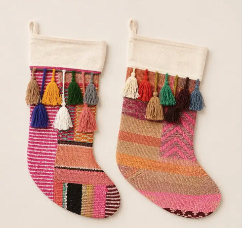 Two VinLoom Christmas stockings woven in Peru with colorful wool tassels