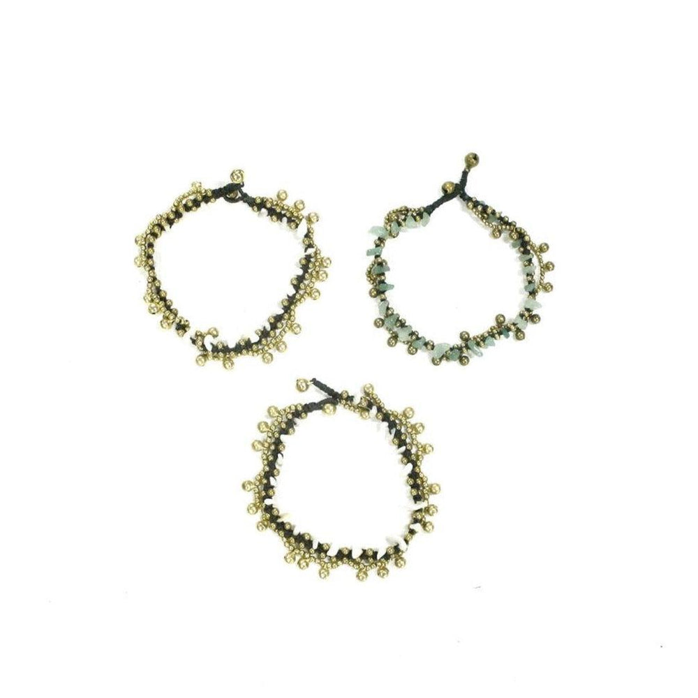 BUNDLE: 3 Piece Stones And Brass With Bells Anklet - Thailand-Anklets-Lumily-Lumily MZ Fair Trade Nena & Co Hiptipico Novica Lucia's World emporium