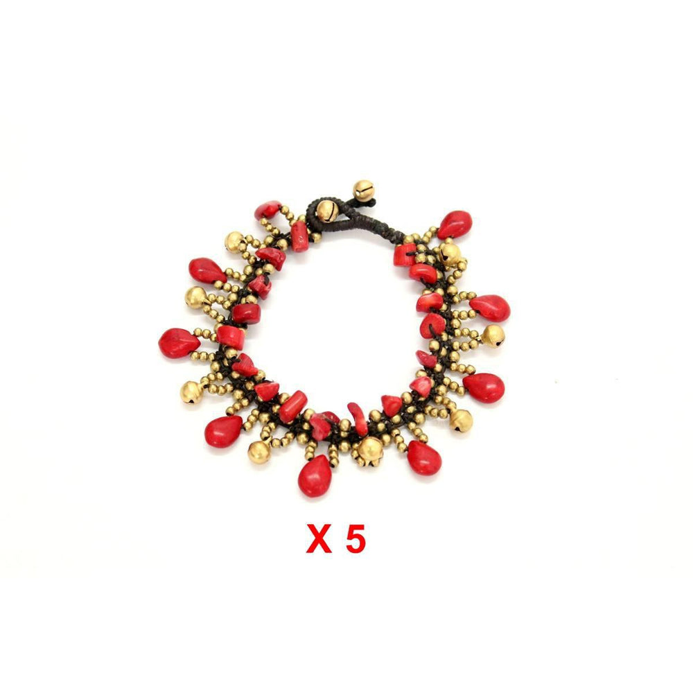 BUNDLE: 5 Piece Red Stone & Brass Bells Belly Dancing Anklet - Thailand-Anklets-Lumily-Lumily MZ Fair Trade Nena & Co Hiptipico Novica Lucia's World emporium