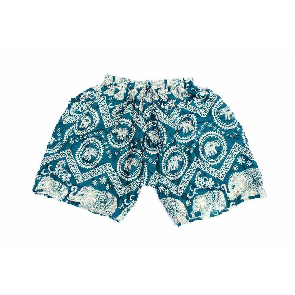 Sustainably Made Bohemian Style Printed Elephant Shorts - Thailand-Apparel-Lumily-Aquamarine-Large-Lumily MZ Fair Trade Nena & Co Hiptipico Novica Lucia's World emporium