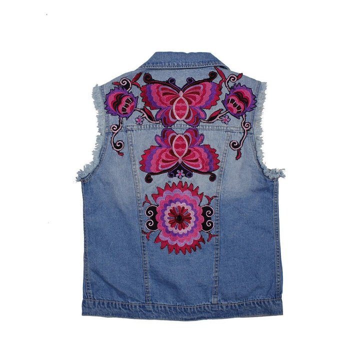 One of Kind Demin Embroidered Vest with Upcycled Hmong Fabrics - Thailand-Apparel-Lumily-Lumily MZ Fair Trade Nena & Co Hiptipico Novica Lucia's World emporium