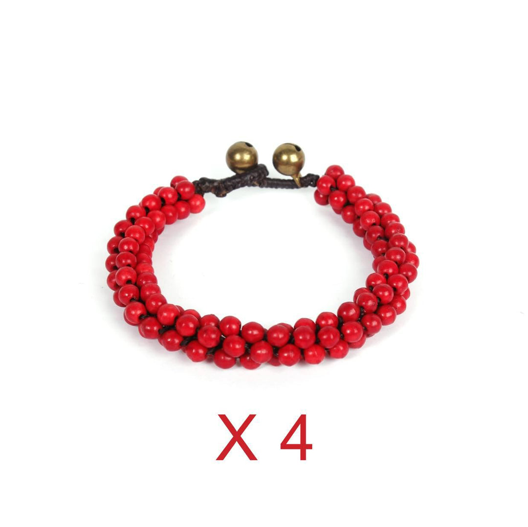 BUNDLE: Hippie Boho Red Stone Bead Wax String Bracelet 4 Pieces - Thailand-Bracelets-Lumily-Lumily MZ Fair Trade Nena & Co Hiptipico Novica Lucia's World emporium