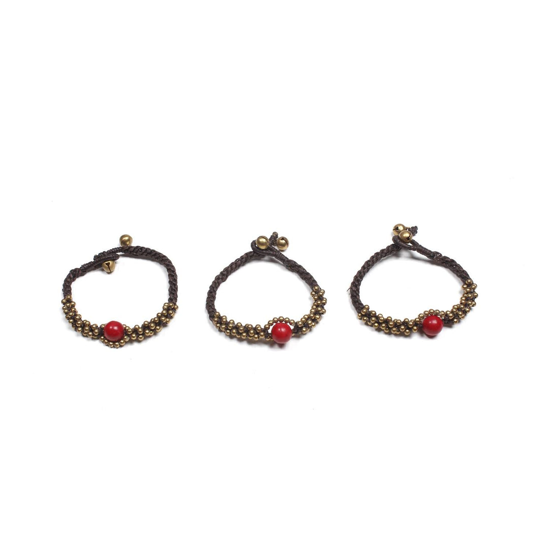 BUNDLE: Red Stone & Brass Beads Wax String Bracelet 3 Pieces - Thailand-Bracelets-Lumily-Lumily MZ Fair Trade Nena & Co Hiptipico Novica Lucia's World emporium