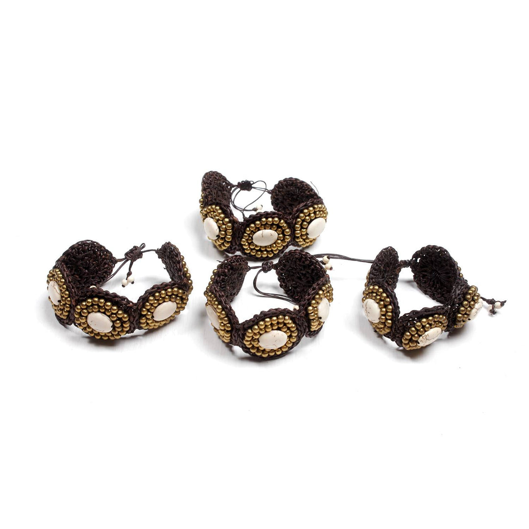 BUNDLE: White Stone With Brass Beads Wax String Bracelet 4 pieces - Thailand-Bracelets-Lumily-Lumily MZ Fair Trade Nena & Co Hiptipico Novica Lucia's World emporium