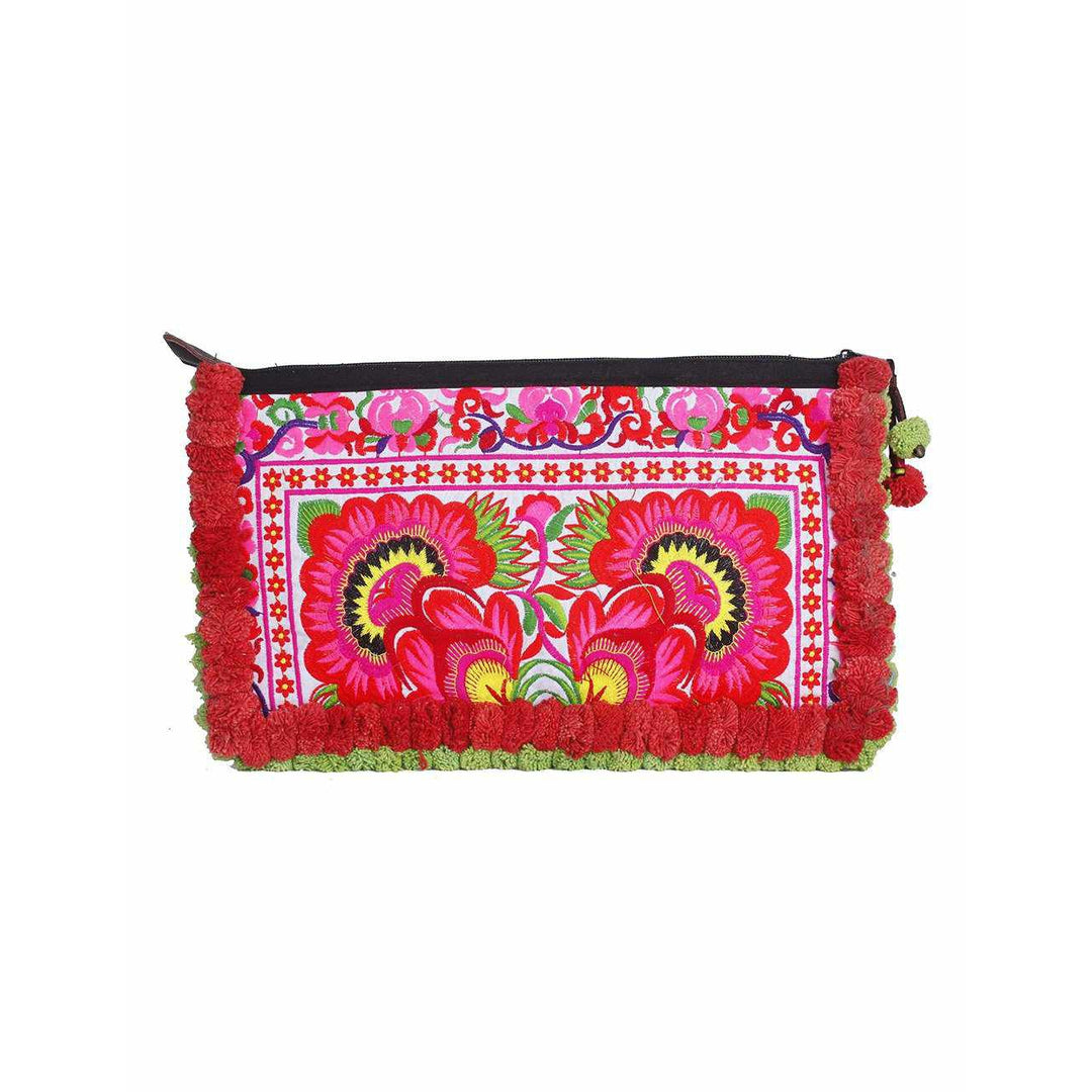 Double Pompom Embroidered Hmong Clutch - Thailand-Bags-Lumily-Red Green-Lumily MZ Fair Trade Nena & Co Hiptipico Novica Lucia's World emporium