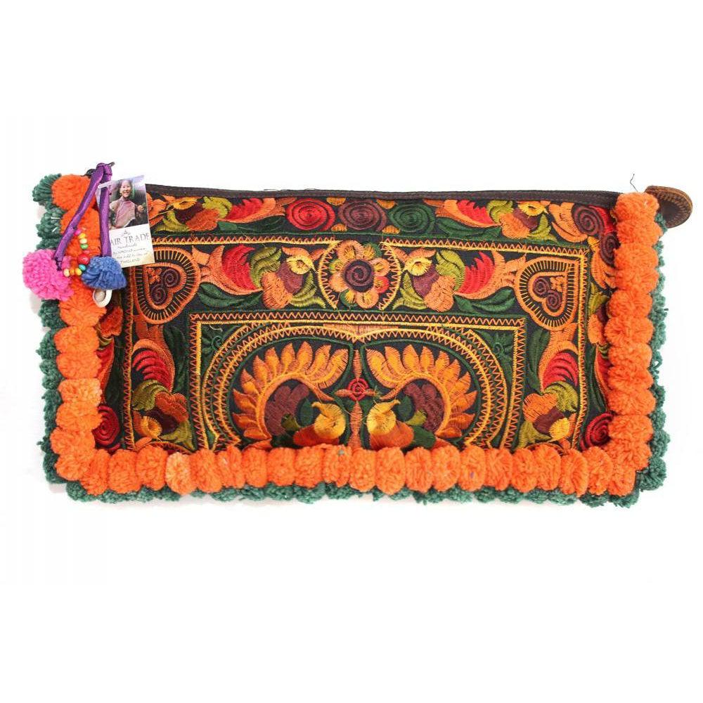 Double Pompom Embroidered Hmong Clutch - Thailand-Bags-Lumily-Orange Green-Lumily MZ Fair Trade Nena & Co Hiptipico Novica Lucia's World emporium