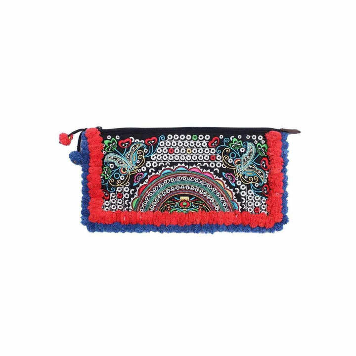 Double Pompom Embroidered Hmong Clutch - Thailand-Bags-Lumily-Red Blue-Lumily MZ Fair Trade Nena & Co Hiptipico Novica Lucia's World emporium