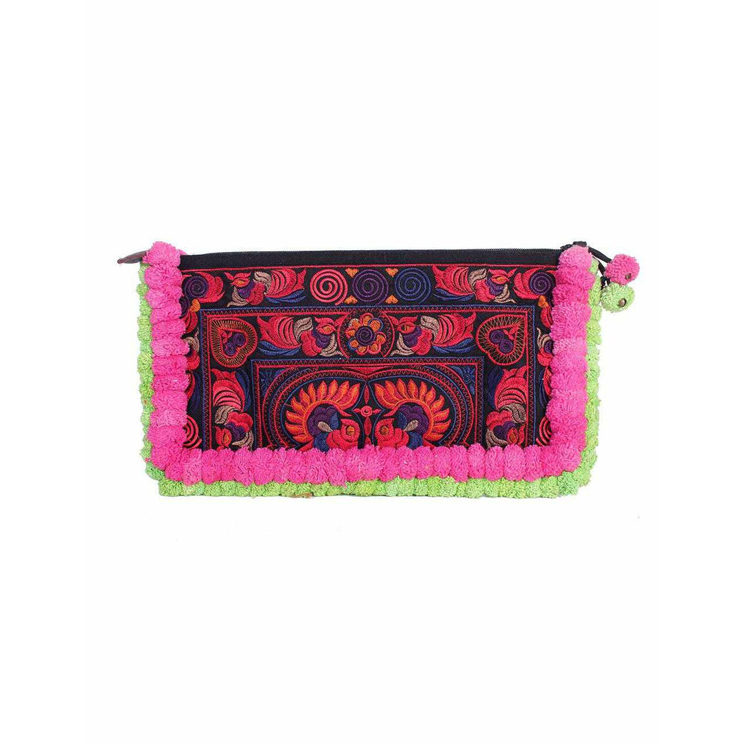 Double Pompom Embroidered Hmong Clutch - Thailand-Bags-Lumily-Pink Green-Lumily MZ Fair Trade Nena & Co Hiptipico Novica Lucia's World emporium