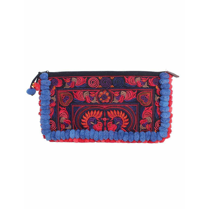 Double Pompom Embroidered Hmong Clutch - Thailand-Bags-Lumily-Blue Purple-Lumily MZ Fair Trade Nena & Co Hiptipico Novica Lucia's World emporium
