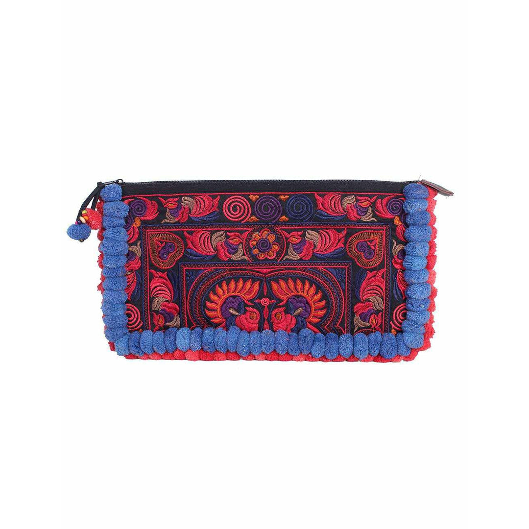 Double Pompom Embroidered Hmong Clutch - Thailand-Bags-Lumily-Blue Purple-Lumily MZ Fair Trade Nena & Co Hiptipico Novica Lucia's World emporium