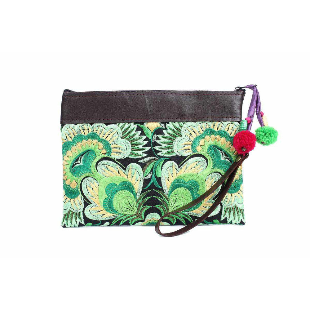 Hmong Hill-Tribe Leather Cuff Wristlet - Thailand-Bags-Pranee Shop-Green-Lumily MZ Fair Trade Nena & Co Hiptipico Novica Lucia's World emporium