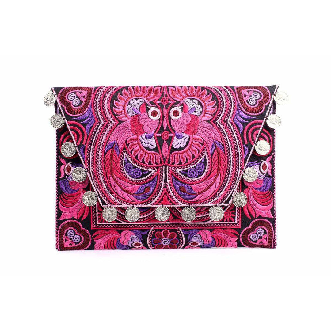 Hmong Embroidered Carnival Coin Clutch | iPad Bag - Thailand-Bags-Lumily-Pink Bird-Lumily MZ Fair Trade Nena & Co Hiptipico Novica Lucia's World emporium