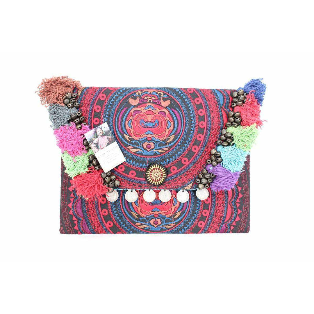 Embroidered Multi Tassel Clutch Bag | IPad Case - Thailand-Bags-Lumily-Red & Light Blue-Lumily MZ Fair Trade Nena & Co Hiptipico Novica Lucia's World emporium