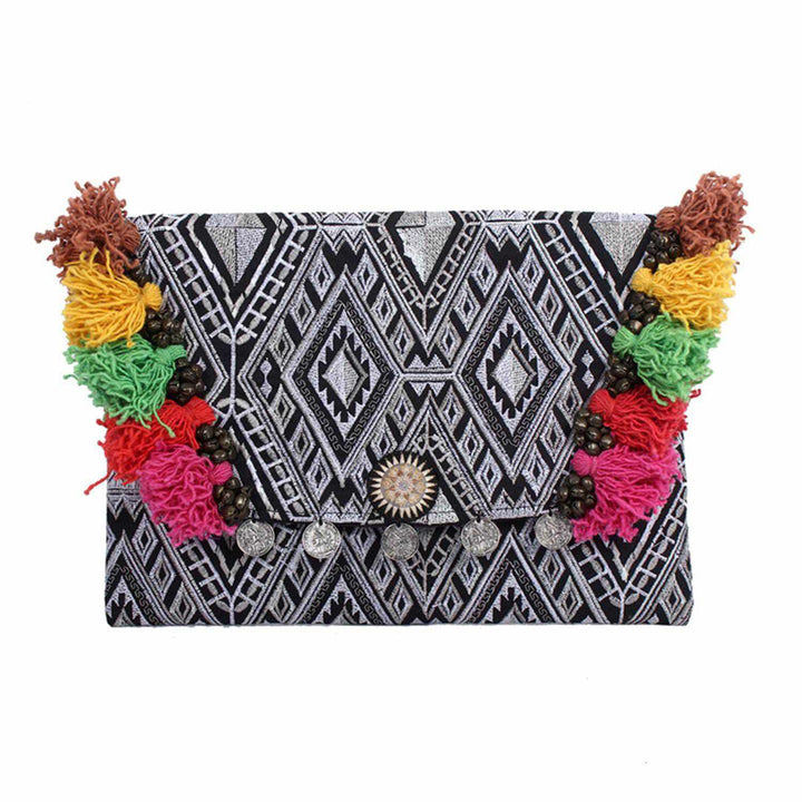 Embroidered Multi Tassel Clutch Bag | IPad Case - Thailand-Bags-Lumily-Salt & Pepper-Lumily MZ Fair Trade Nena & Co Hiptipico Novica Lucia's World emporium