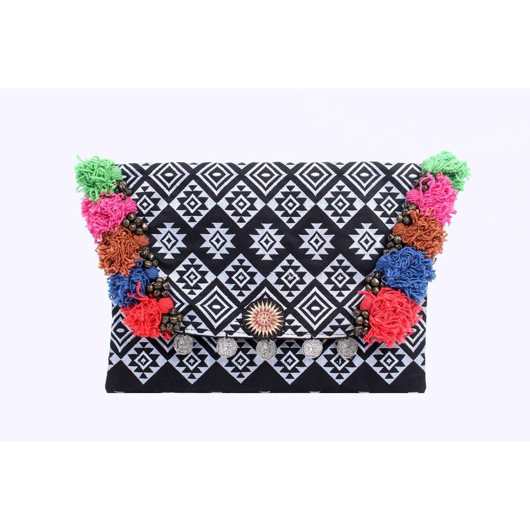 Embroidered Multi Tassel Clutch Bag | IPad Case - Thailand-Bags-Lumily-Black & White-Lumily MZ Fair Trade Nena & Co Hiptipico Novica Lucia's World emporium