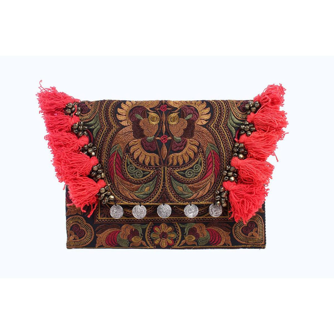 Embroidered Multi Tassel Clutch Bag | IPad Case - Thailand-Bags-Lumily-Brown & Red-Lumily MZ Fair Trade Nena & Co Hiptipico Novica Lucia's World emporium
