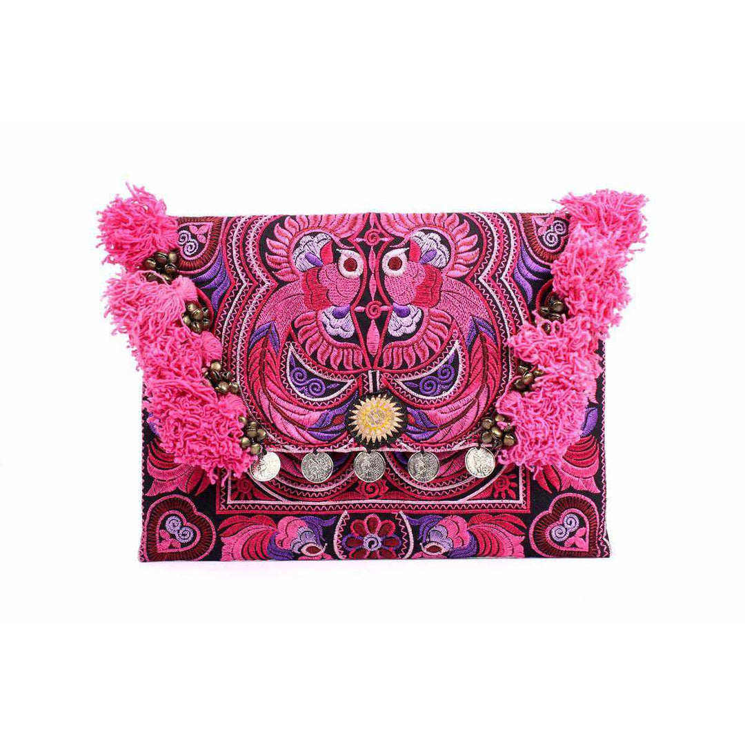 Embroidered Multi Tassel Clutch Bag | IPad Case - Thailand-Bags-Lumily-Fuchsia-Lumily MZ Fair Trade Nena & Co Hiptipico Novica Lucia's World emporium