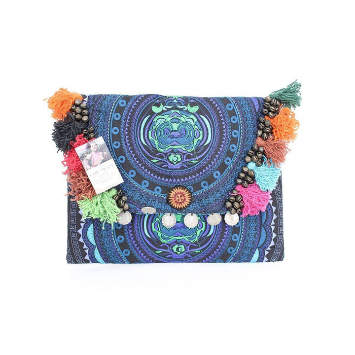 Embroidered Multi Tassel Clutch Bag | IPad Case - Thailand-Bags-Lumily-Indigo-Lumily MZ Fair Trade Nena & Co Hiptipico Novica Lucia's World emporium