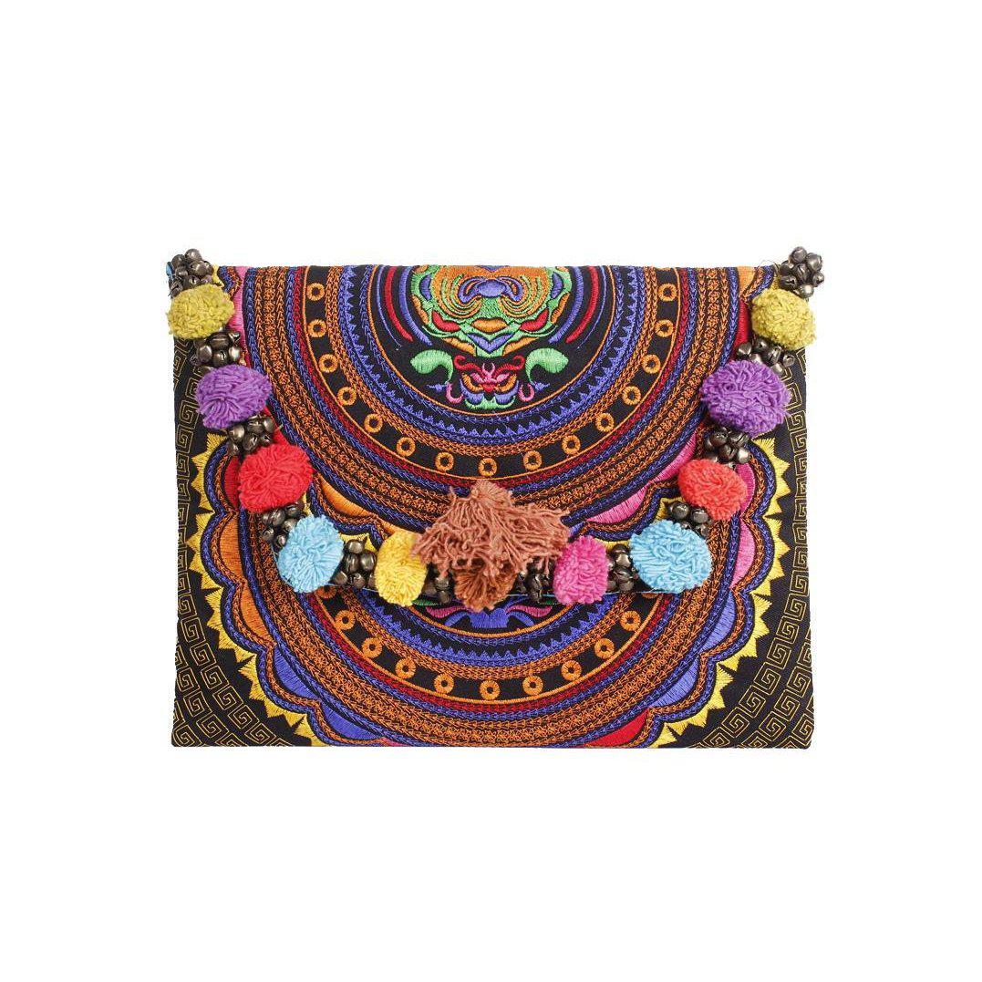 Pom Pom Earth Tone Tribal Clutch | iPad Bag - Thailand-Bags-Lumily-Style 5-Lumily MZ Fair Trade Nena & Co Hiptipico Novica Lucia's World emporium