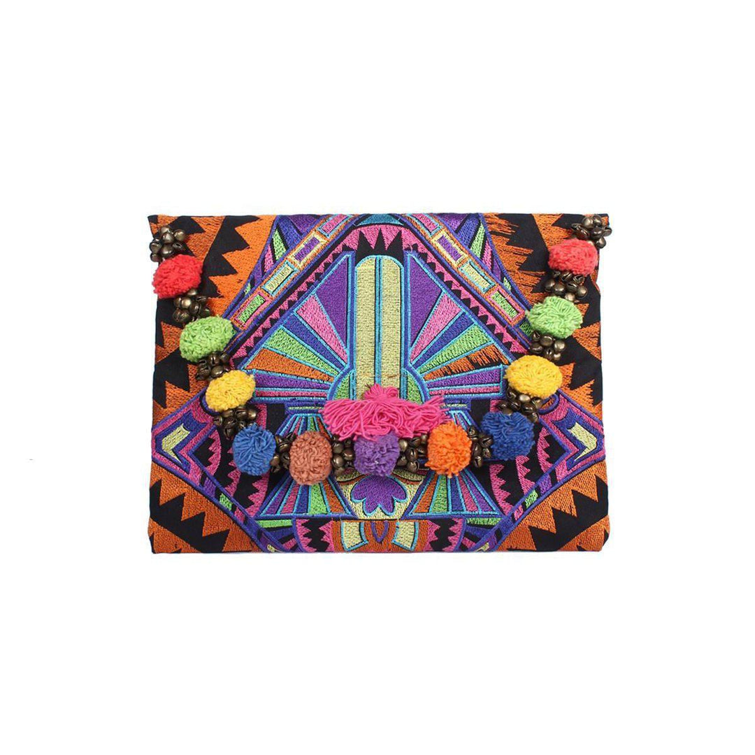 Pom Pom Earth Tone Tribal Clutch | iPad Bag - Thailand-Bags-Lumily-Style 6-Lumily MZ Fair Trade Nena & Co Hiptipico Novica Lucia's World emporium