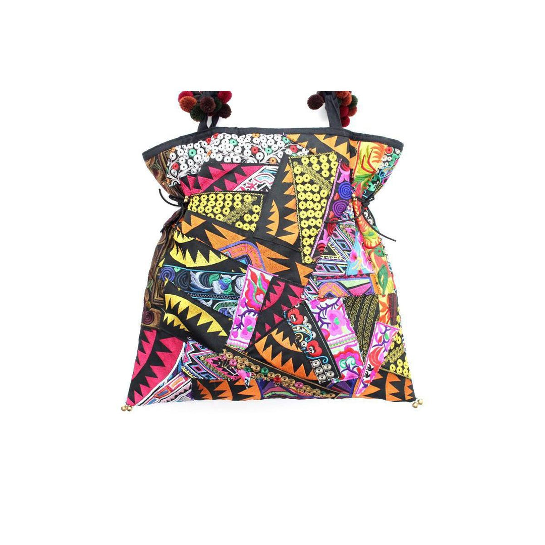 Patchwork Pom Pom Shoulder Bag Embroidered Fabric - Thailand-Bags-Lumily-Style 1-Lumily MZ Fair Trade Nena & Co Hiptipico Novica Lucia's World emporium