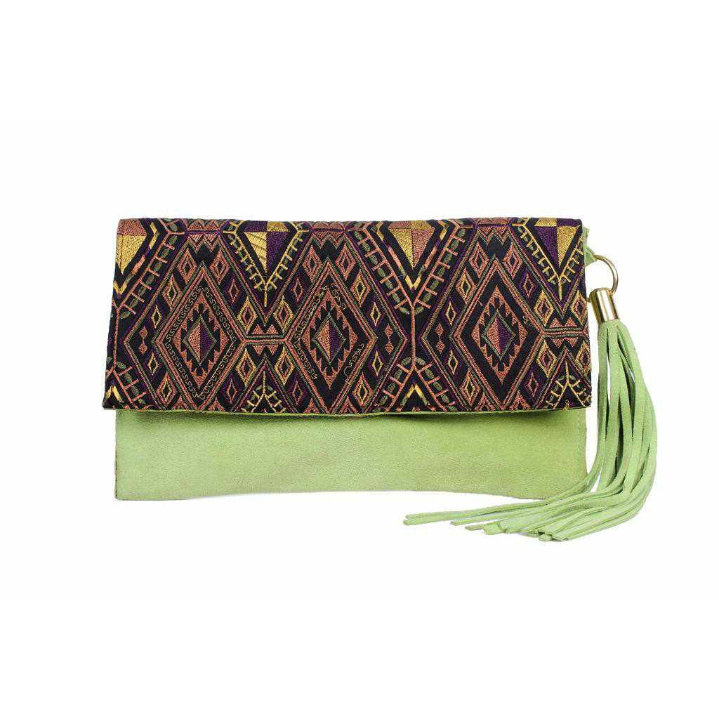 Leather Clutch with Geometric Embroidery Bag - Thailand-Bags-Lumily-Green-Lumily MZ Fair Trade Nena & Co Hiptipico Novica Lucia's World emporium