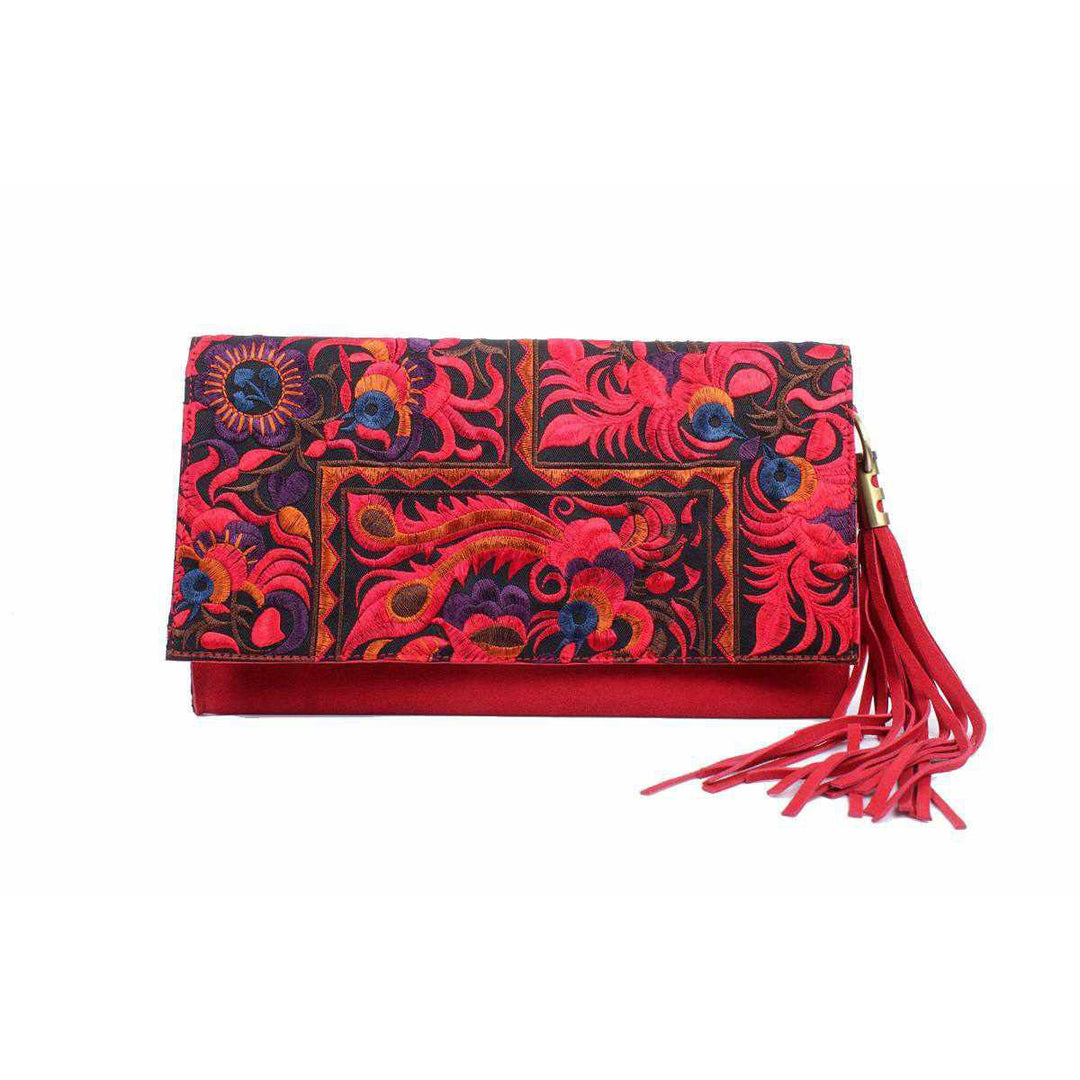 Leather Clutch with Geometric Embroidery Bag - Thailand-Bags-Lumily-Red-Lumily MZ Fair Trade Nena & Co Hiptipico Novica Lucia's World emporium