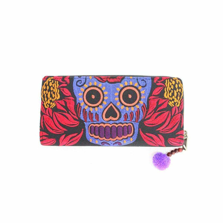 Culturas Sugar Skull Embroidered Wallet - Thailand-Bags-Lumily-Purple Red-Lumily MZ Fair Trade Nena & Co Hiptipico Novica Lucia's World emporium