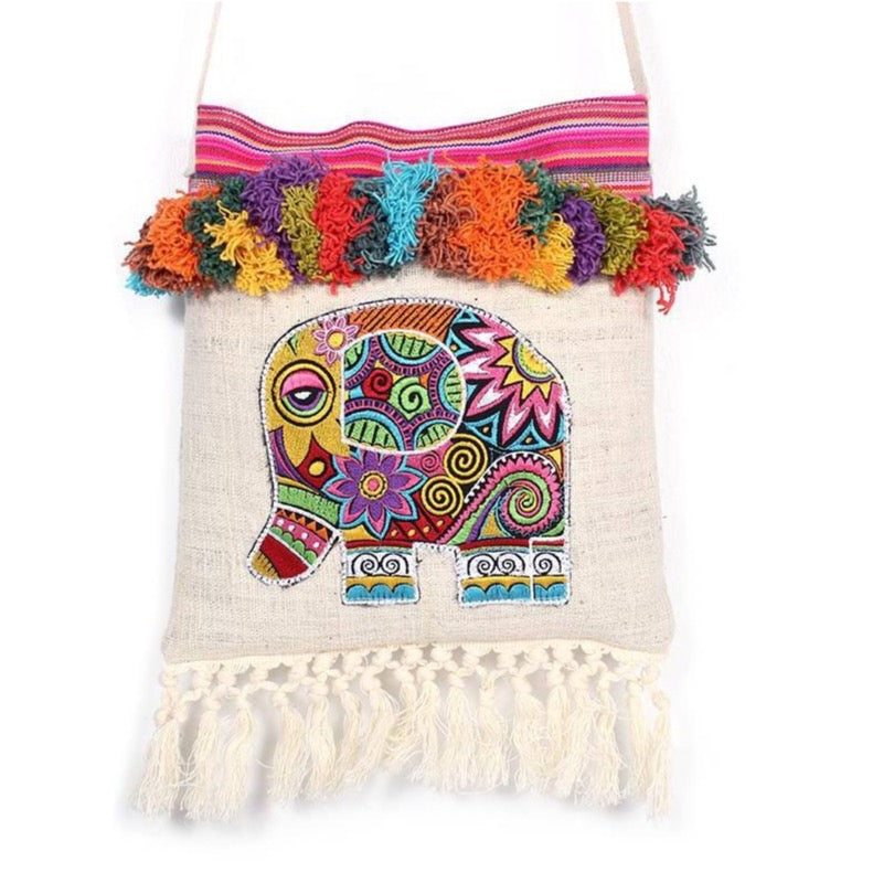 Embroidery Tassel Pom Pom Elephant Sling Bag - Thailand-Bags-Lumily-Lumily MZ Fair Trade Nena & Co Hiptipico Novica Lucia's World emporium