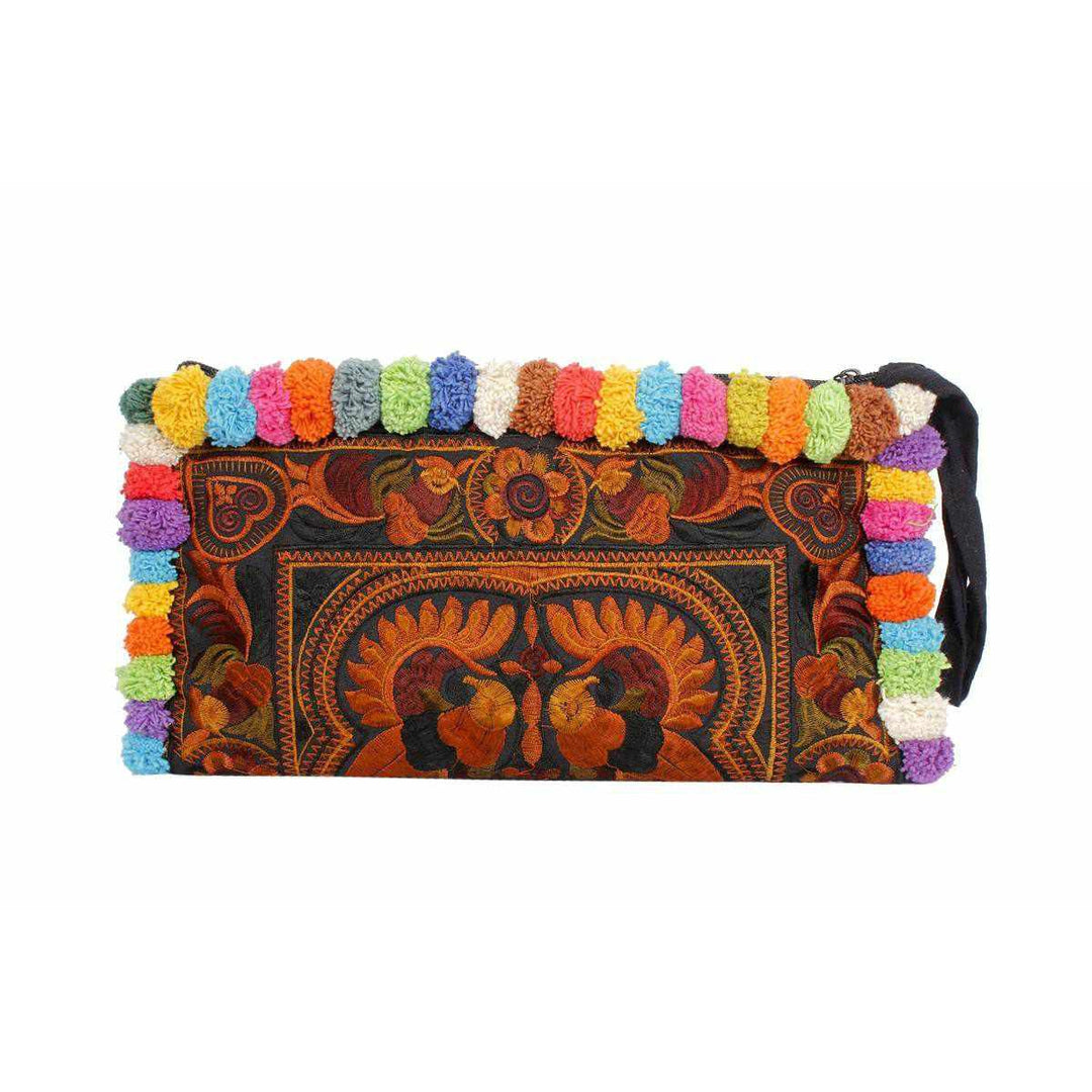 Rocio Multi-Color Pom Pom Wristlet Bag - Thailand-Bags-Lumily-Mocha-Lumily MZ Fair Trade Nena & Co Hiptipico Novica Lucia's World emporium