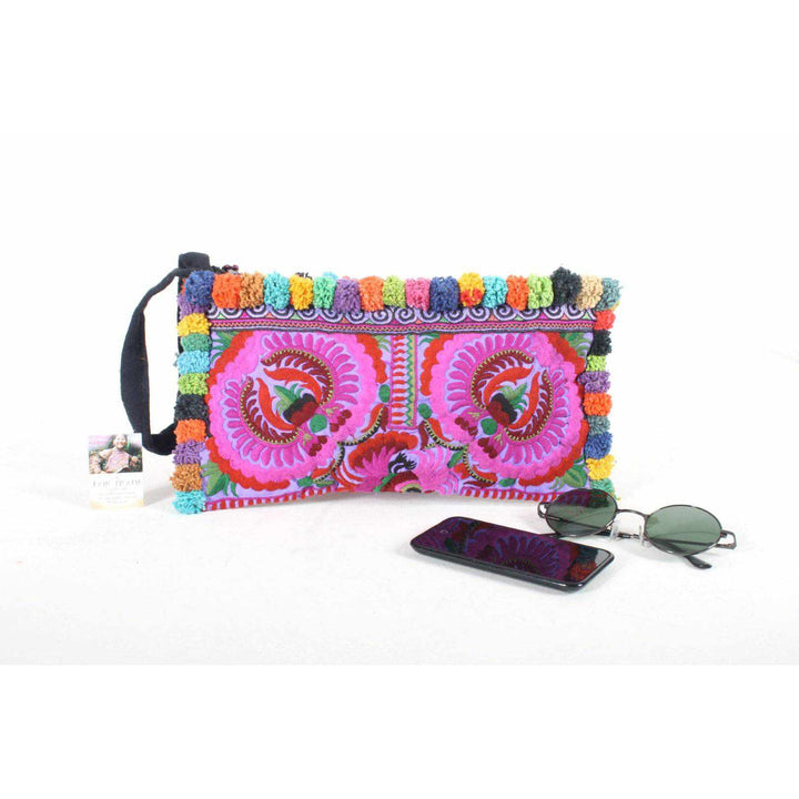 Rocio Multi-Color Pom Pom Wristlet Bag - Thailand-Bags-Lumily-Pink Blue-Lumily MZ Fair Trade Nena & Co Hiptipico Novica Lucia's World emporium