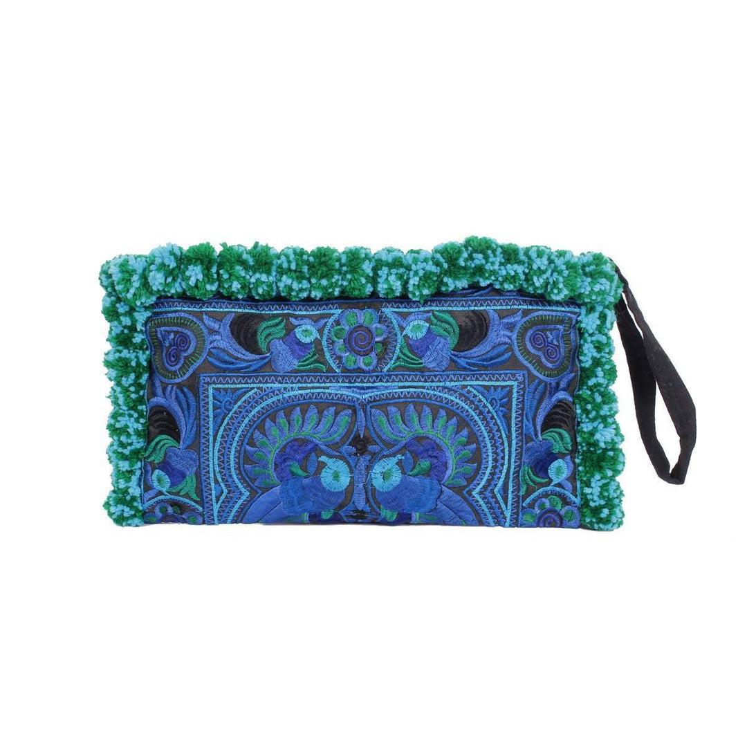 Rocio Multi-Color Pom Pom Wristlet Bag - Thailand-Bags-Lumily-Blue & Green-Lumily MZ Fair Trade Nena & Co Hiptipico Novica Lucia's World emporium