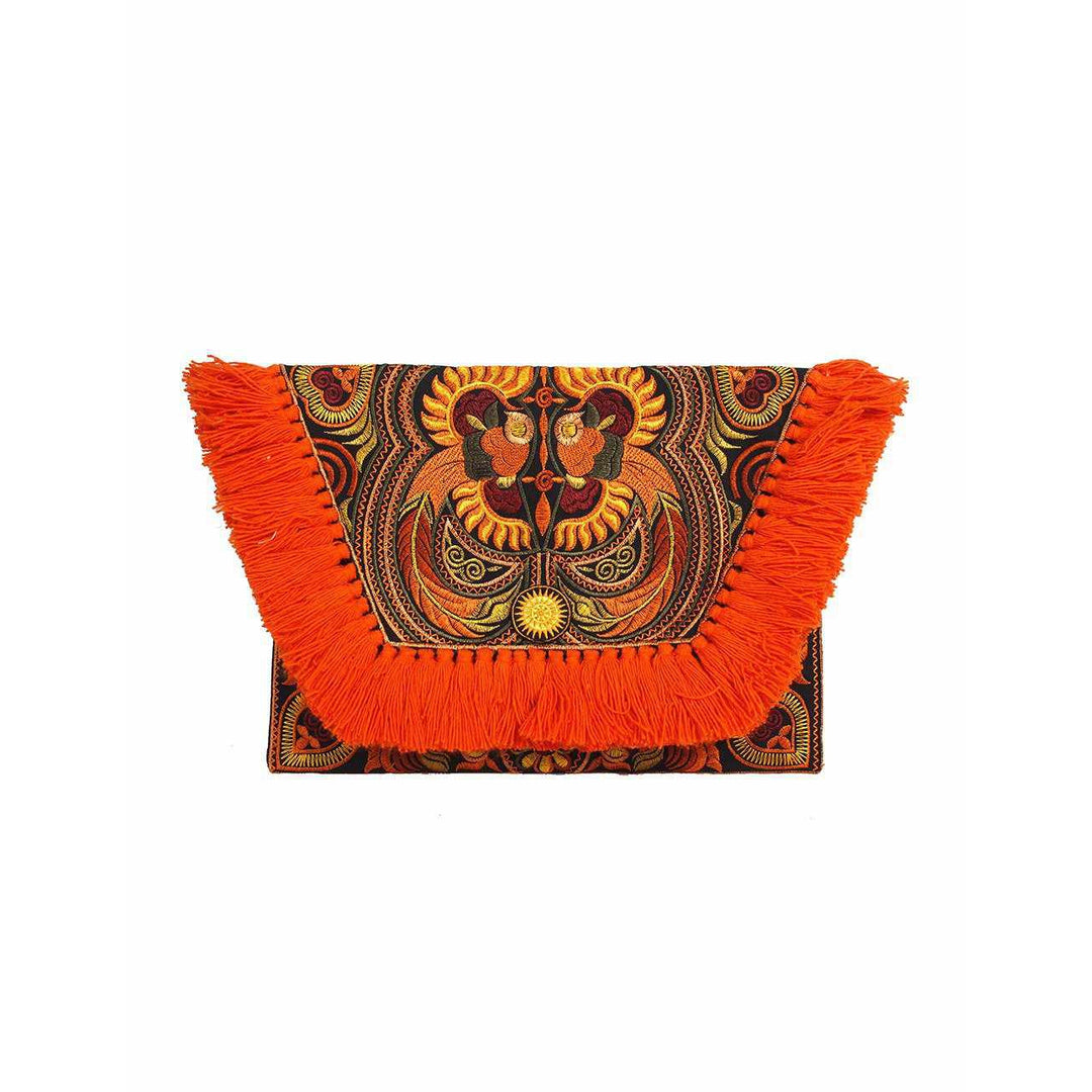 Embroidered Multi Tassel Bird Clutch Bag - Thailand-Bags-Lumily-Orange & Brown-Lumily MZ Fair Trade Nena & Co Hiptipico Novica Lucia's World emporium