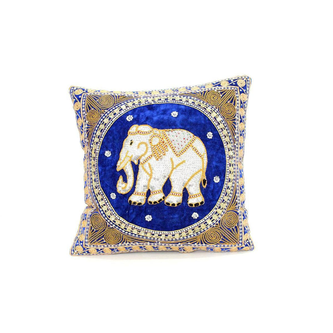 Thai Elephant Embroidered Pillow Cover - Thailand-Decor-Lumily-Blue-Lumily MZ Fair Trade Nena & Co Hiptipico Novica Lucia's World emporium