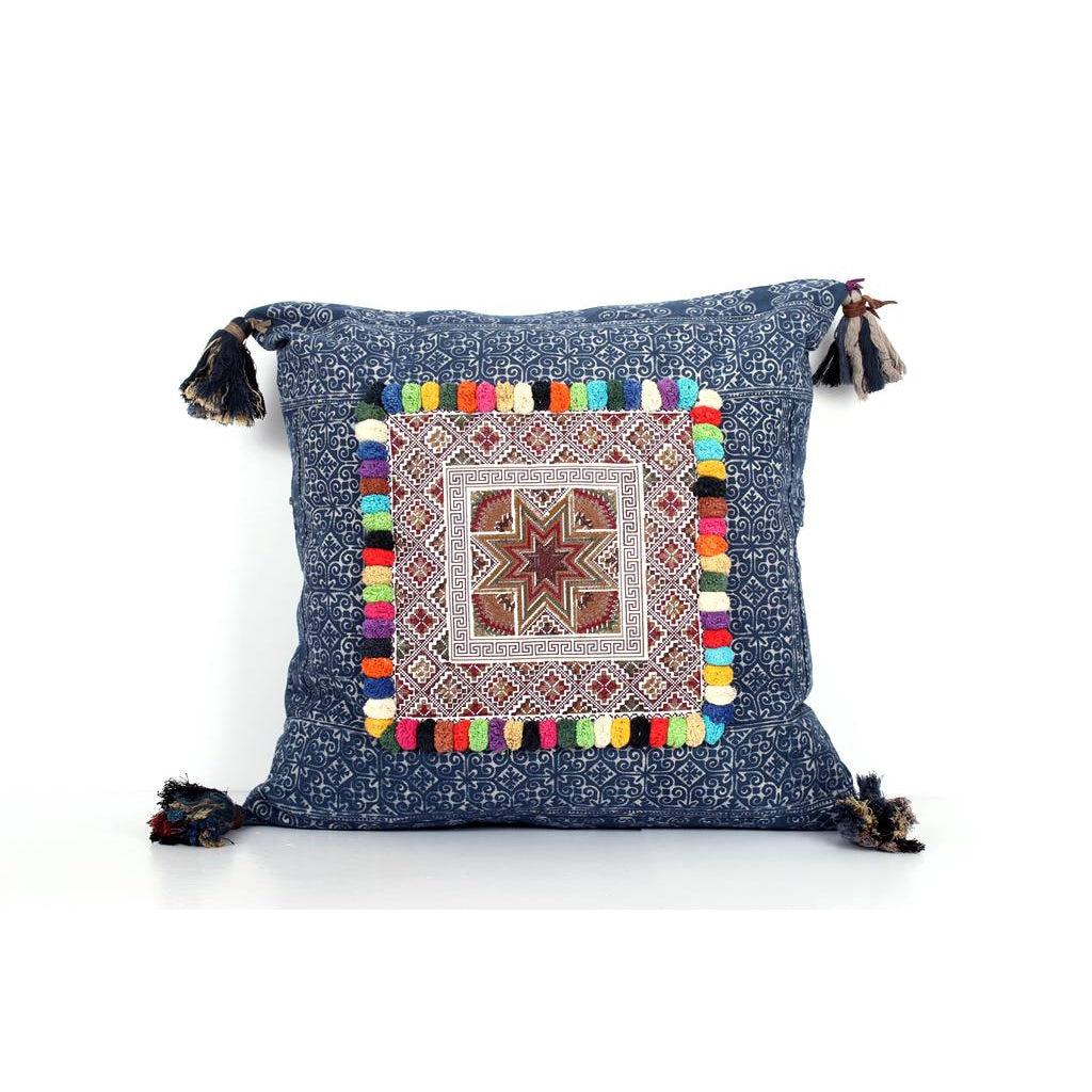 Batik Printed Embroidery Fabric Geometric Cushion- Thailand-Decor-Lumily-Dark Blue & Brown-Lumily MZ Fair Trade Nena & Co Hiptipico Novica Lucia's World emporium