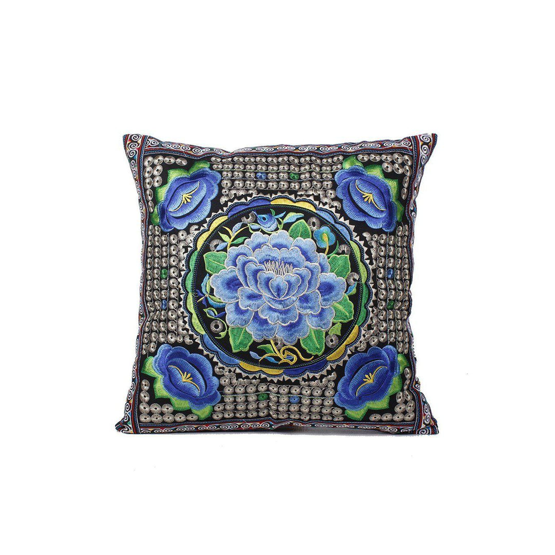 Hmong Embroidered Floral Pillow Cover - Thailand-Decor-Lumily-Blue-Lumily MZ Fair Trade Nena & Co Hiptipico Novica Lucia's World emporium