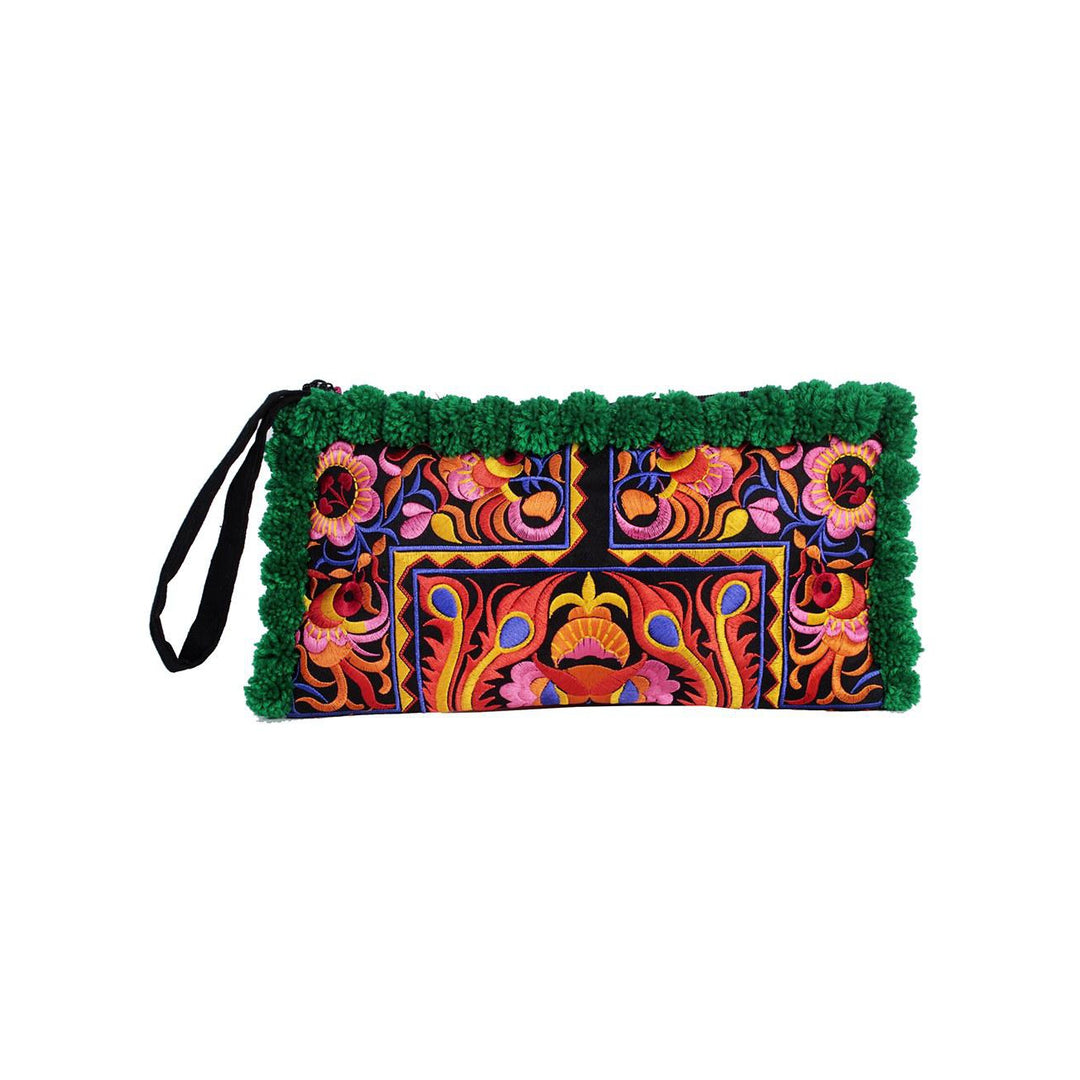 Rocio Multi-Color Pom Pom Wristlet Bag - Thailand-Bags-Lumily-Orange & Green-Lumily MZ Fair Trade Nena & Co Hiptipico Novica Lucia's World emporium