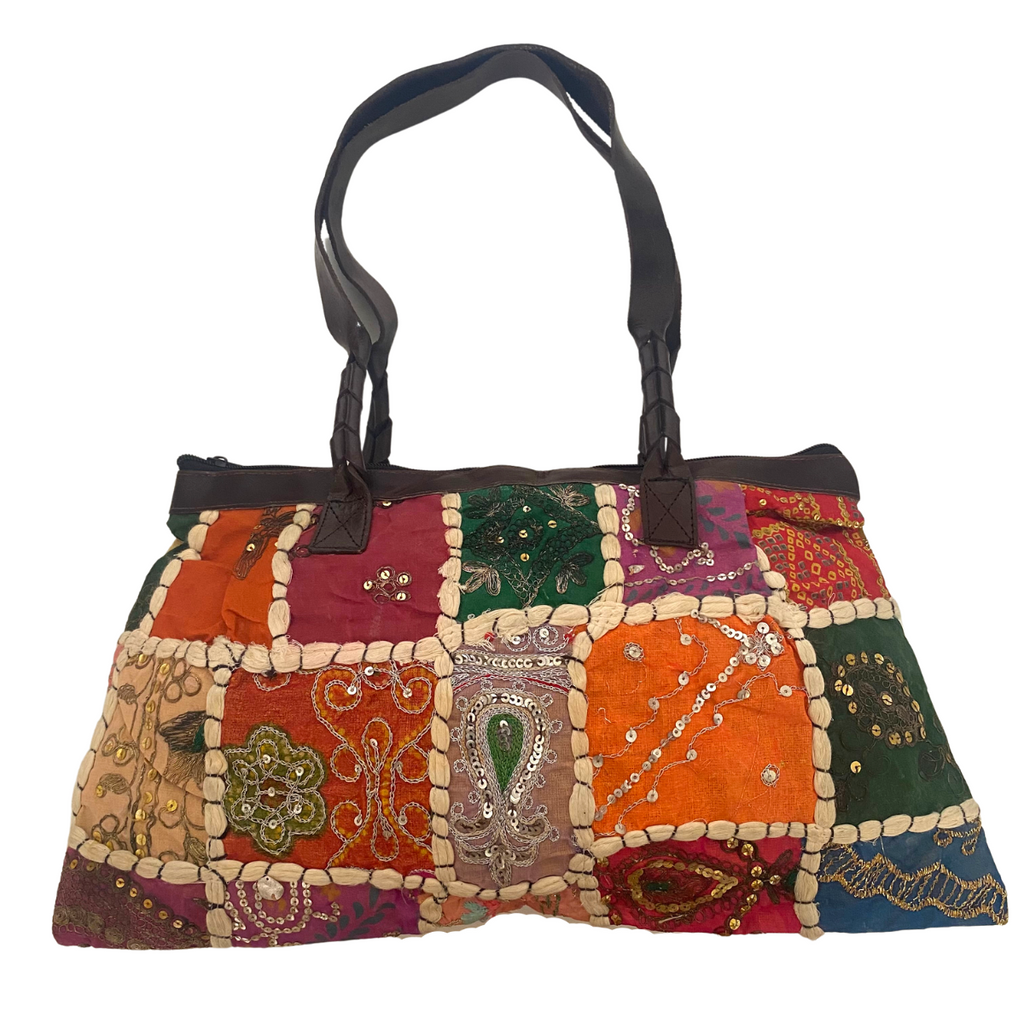 Vintage Handmade Retro Flower Print Fabric Bag w/ Wooden