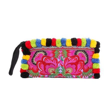 Rocio Multi-Color Pom Pom Wristlet Bag - Thailand-Bags-Lumily-Pink Multicolor-Lumily MZ Fair Trade Nena & Co Hiptipico Novica Lucia's World emporium