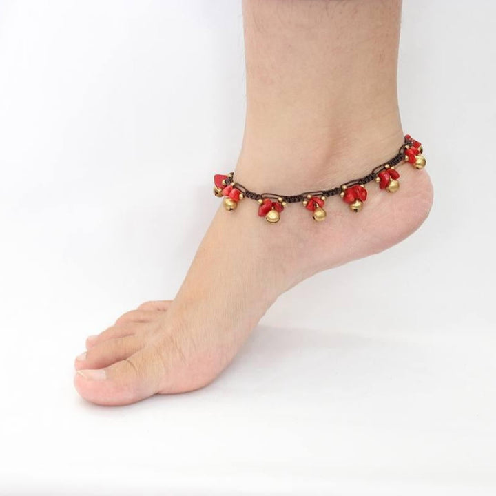 BUNDLE: Red Stone & Brass Anklet 11 Pieces - Thailand-Anklets-Lumily-Lumily MZ Fair Trade Nena & Co Hiptipico Novica Lucia's World emporium