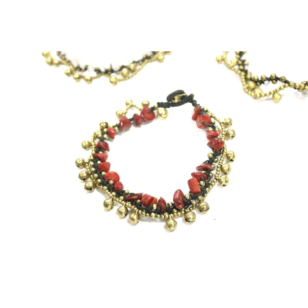 BUNDLE: Stones And Brass With Bells Red Anklet 3 Pieces - Thailand-Anklets-Lumily-Lumily MZ Fair Trade Nena & Co Hiptipico Novica Lucia's World emporium