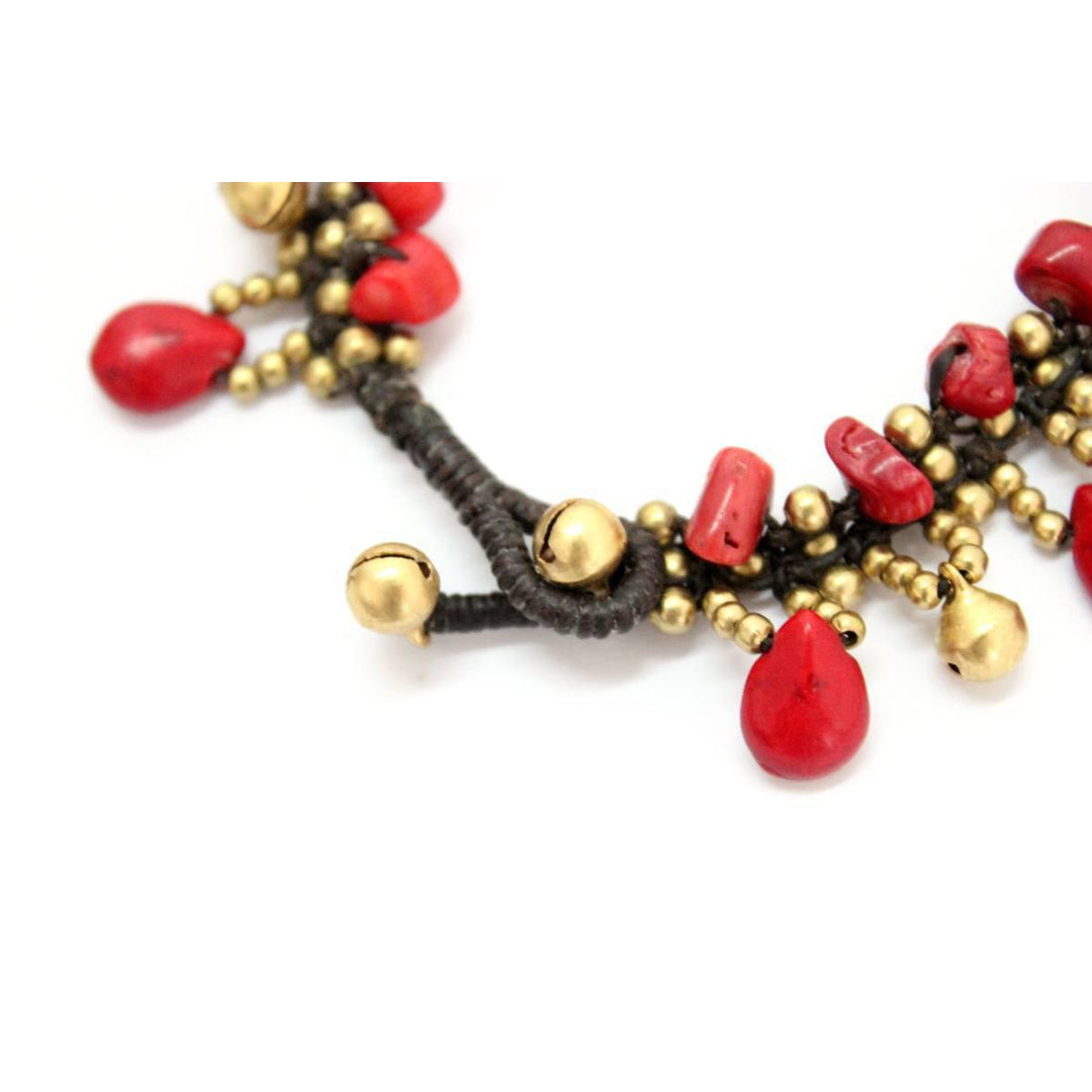 BUNDLE: Red Stone And Brass With Bells Anklet 5 Pieces - Thailand-Anklets-Lumily-Lumily MZ Fair Trade Nena & Co Hiptipico Novica Lucia's World emporium