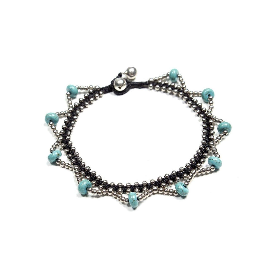 BUNDLE: 3 Piece Turquoise & Silver Beads Bells Belly Dancer Anklet - Thailand-Anklets-Lumily-Lumily MZ Fair Trade Nena & Co Hiptipico Novica Lucia's World emporium