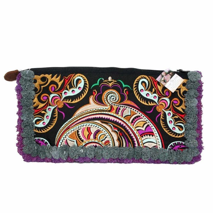 Double Pompom Embroidered Hmong Clutch - Thailand-Bags-Lumily-Grey Purple-Lumily MZ Fair Trade Nena & Co Hiptipico Novica Lucia's World emporium