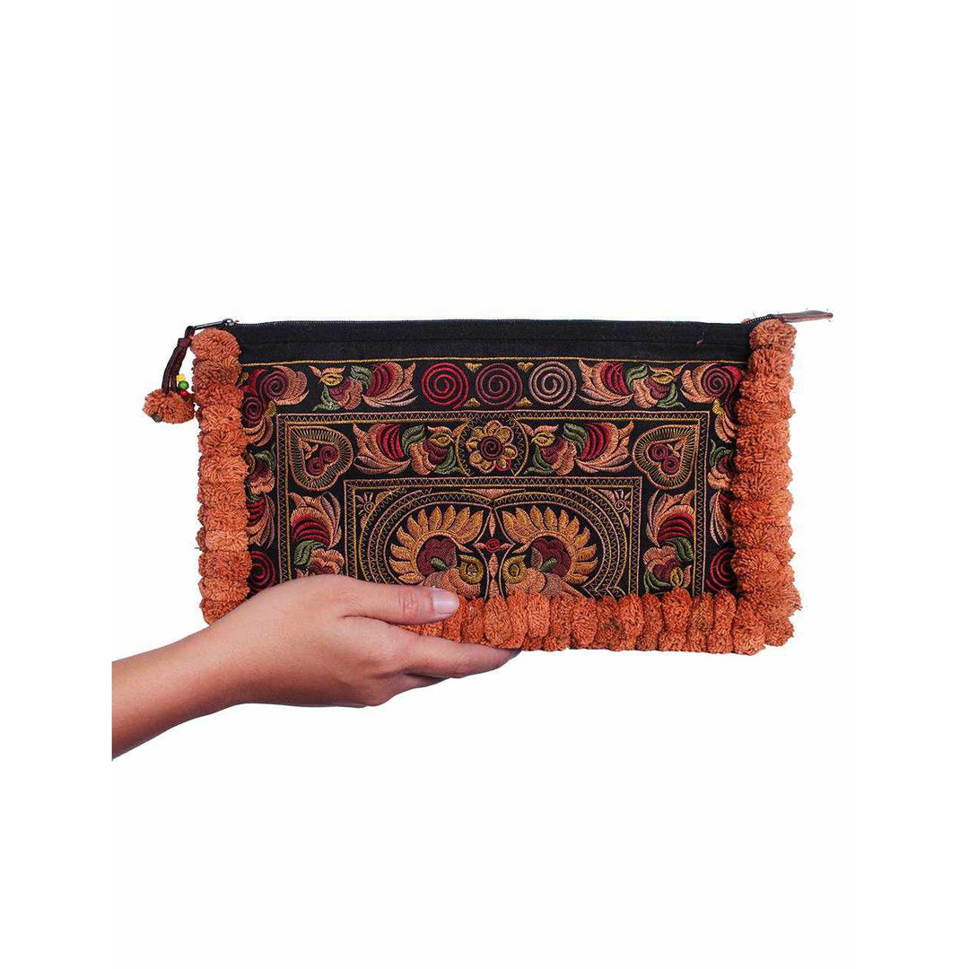 Double Pompom Embroidered Hmong Clutch - Thailand-Bags-Lumily-Lumily MZ Fair Trade Nena & Co Hiptipico Novica Lucia's World emporium