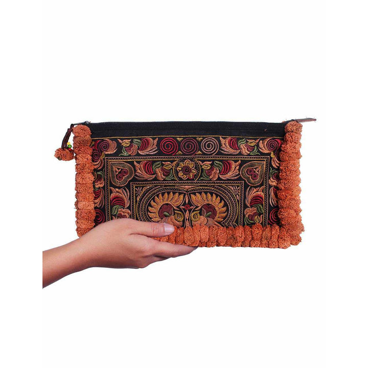 Double Pompom Embroidered Hmong Clutch - Thailand-Bags-Lumily-Terracotta-Lumily MZ Fair Trade Nena & Co Hiptipico Novica Lucia's World emporium