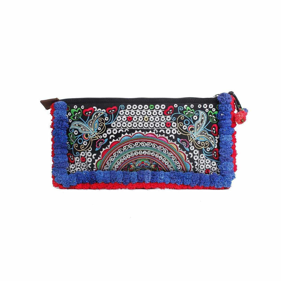 Double Pompom Embroidered Hmong Clutch - Thailand-Bags-Lumily-Blue Red-Lumily MZ Fair Trade Nena & Co Hiptipico Novica Lucia's World emporium