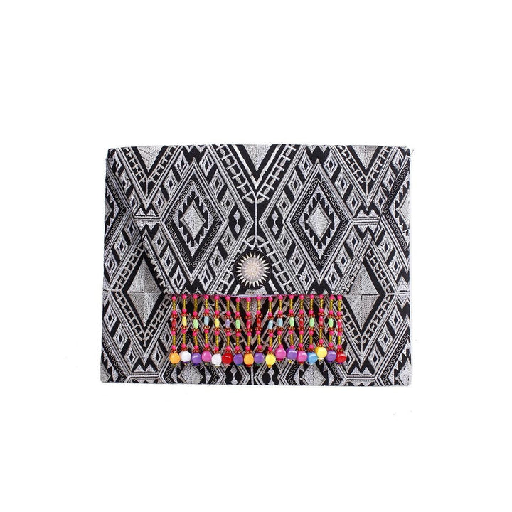 Geometric Embroidered Bead Trim Clutch Bag | iPad Case - Thailand-Bags-Lumily-Black-Lumily MZ Fair Trade Nena & Co Hiptipico Novica Lucia's World emporium
