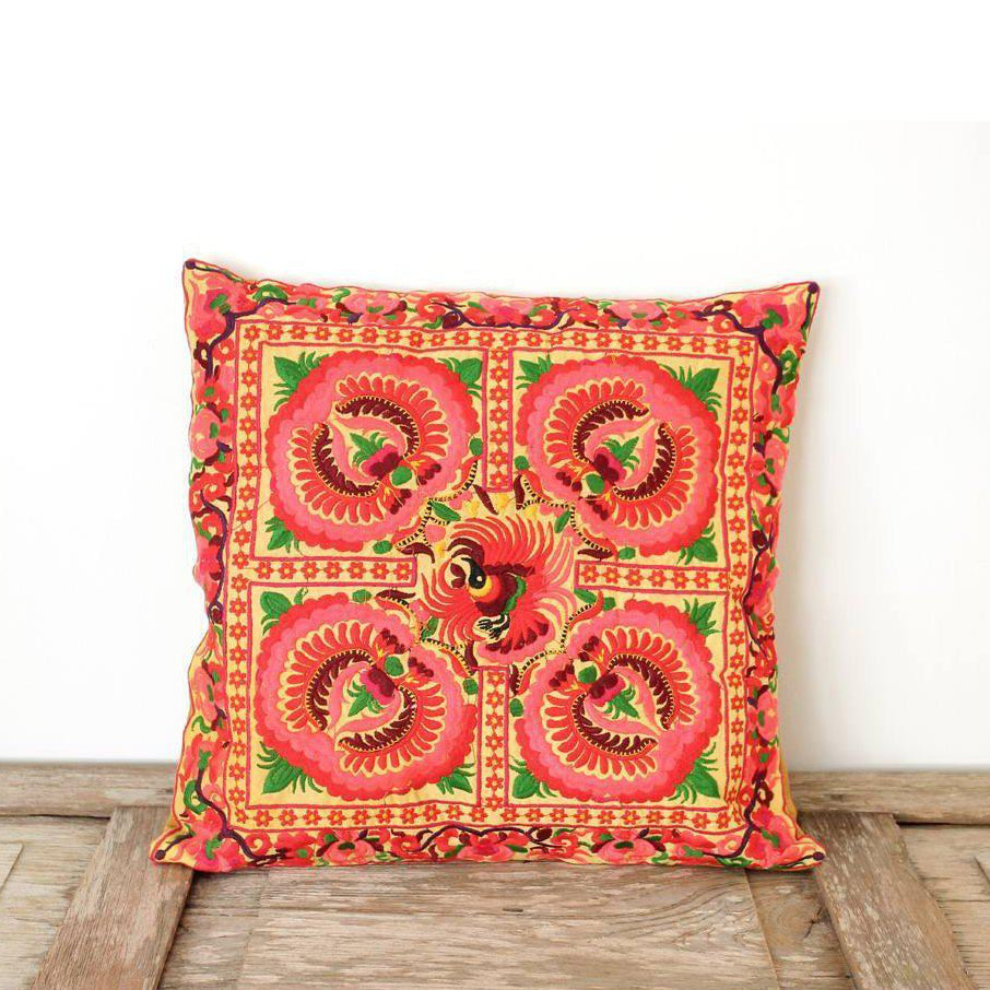 Hmong Bird Embroidered Pillow Cover - Thailand-Decor-Lumily-Orange & Green-Lumily Fair Trade Handmade